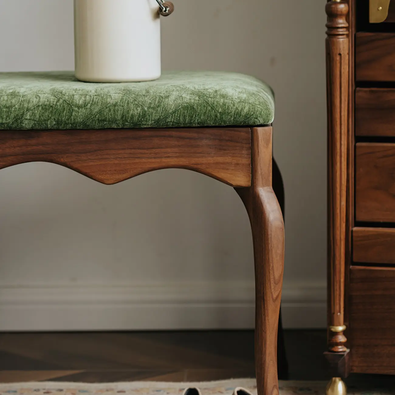 Mid-century Modern Scalloped Upholstered Green Wood Bench Image - 11 | homeyfad