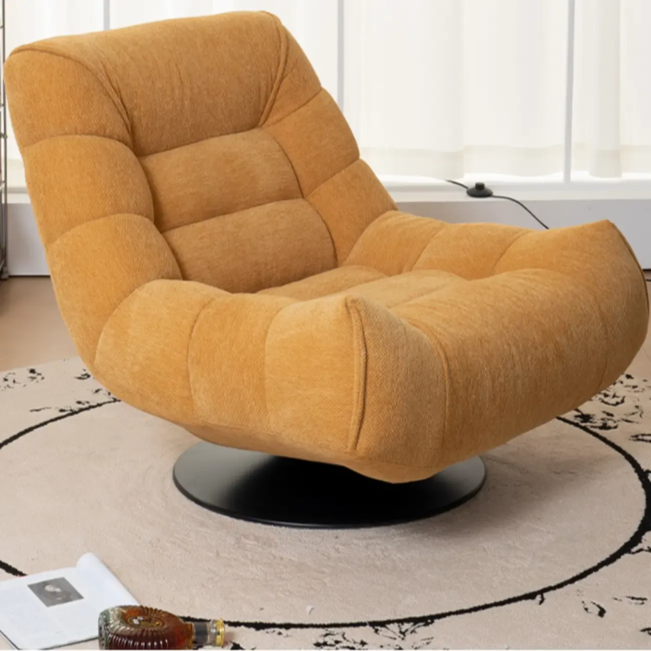 Yellow Trufted Chenille Fabric Swivel Accent Chair Image - 4