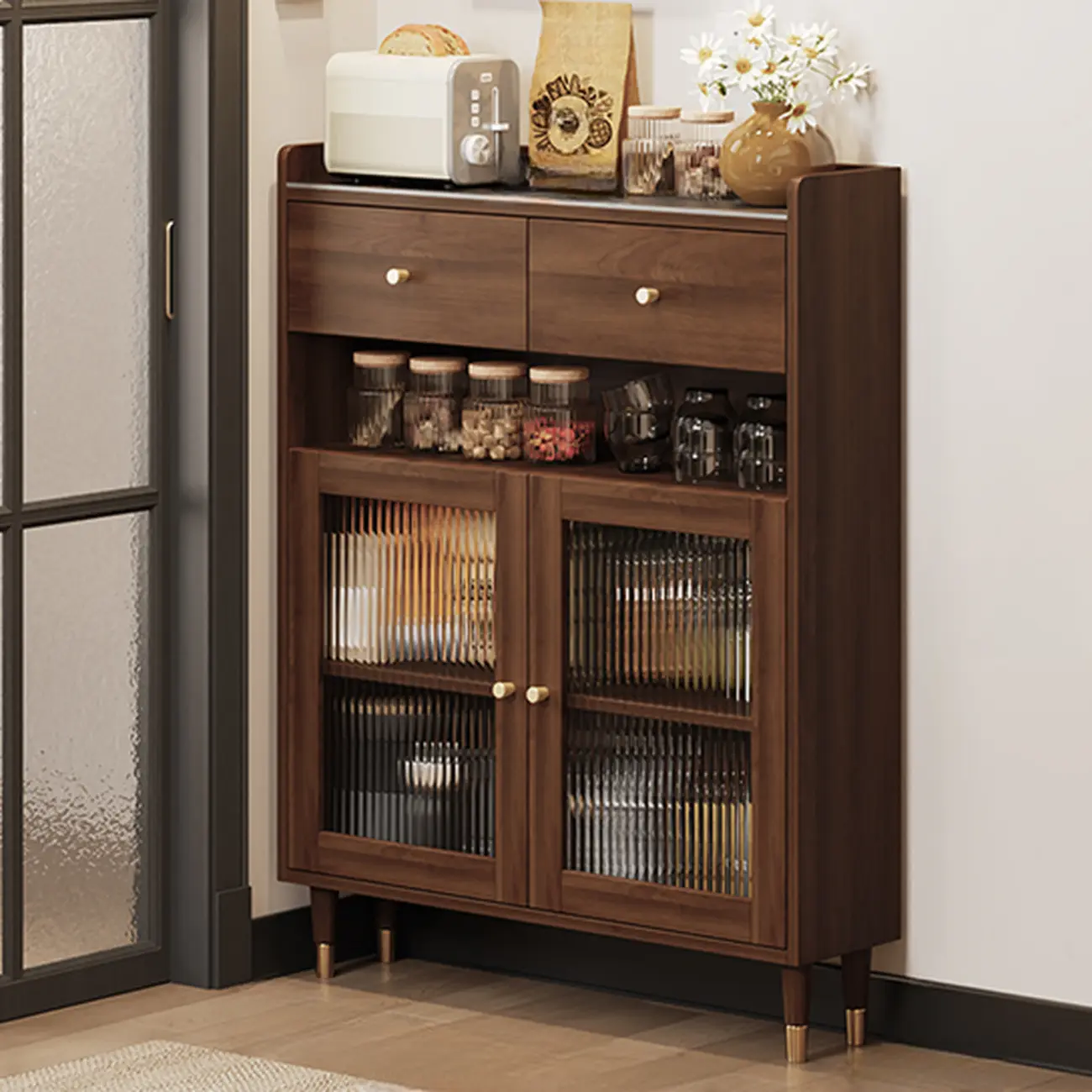 Modern Wood Buffet with Glass Doors and Shelves Image - 3 | homeyfad