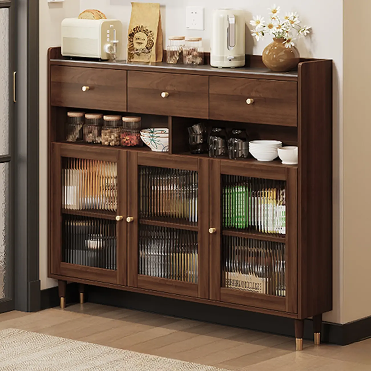 Modern Wood Buffet with Glass Doors and Shelves Image - 5 | homeyfad