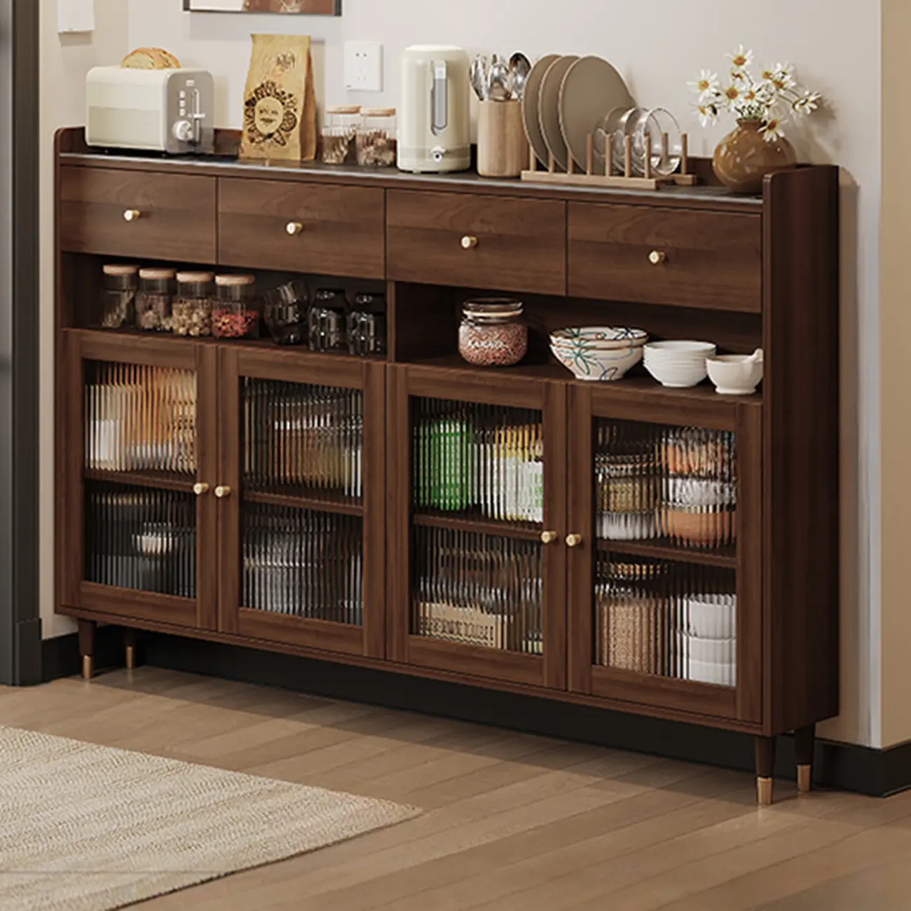 Modern Wood Buffet with Glass Doors and Shelves Image - 7 | homeyfad