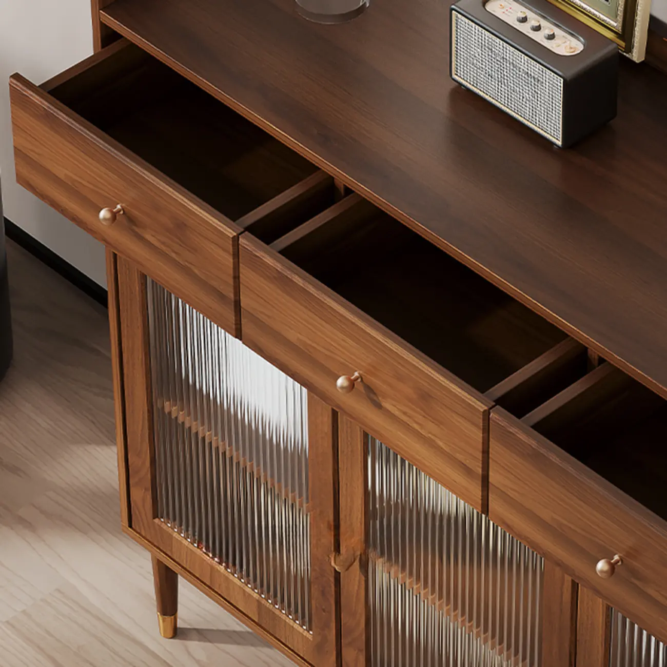 Modern Wood Buffet with Glass Doors and Shelves Image - 11 | homeyfad