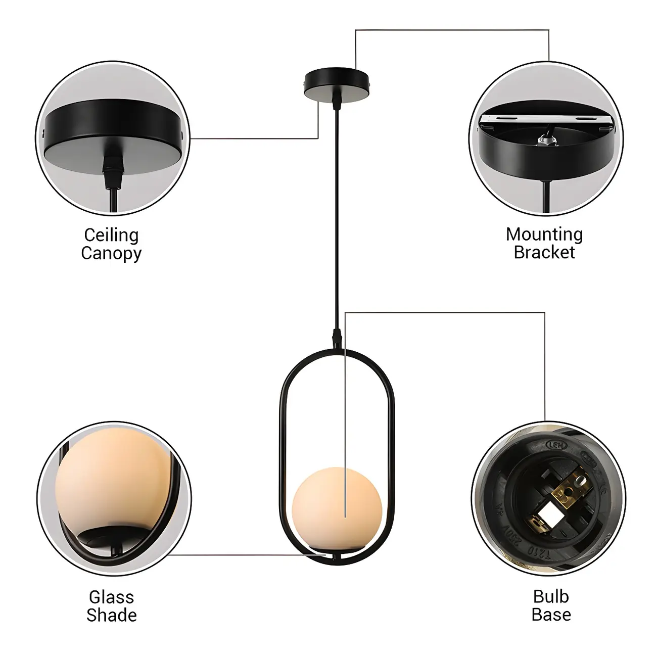 Globe Pendant Lighting Modern White Glass 1/2 Lights Black/Gold Hanging Ceiling Lamp for Bedroom Image - 6 | homeyfad