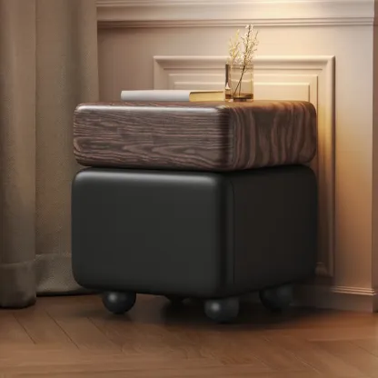 Black Walnut Finish Faux Leather 2-Drawer Nightstand Image - 1