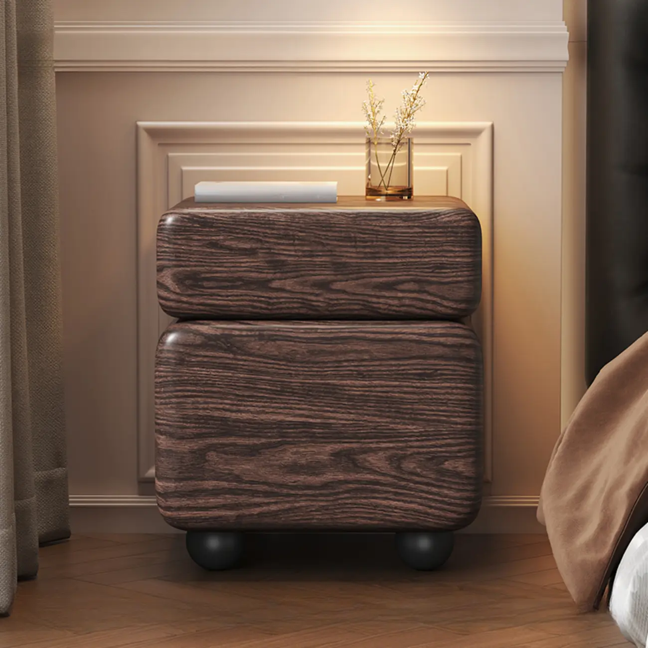 Black Walnut Finish Faux Leather 2-Drawer Nightstand Image - 2 | homeyfad