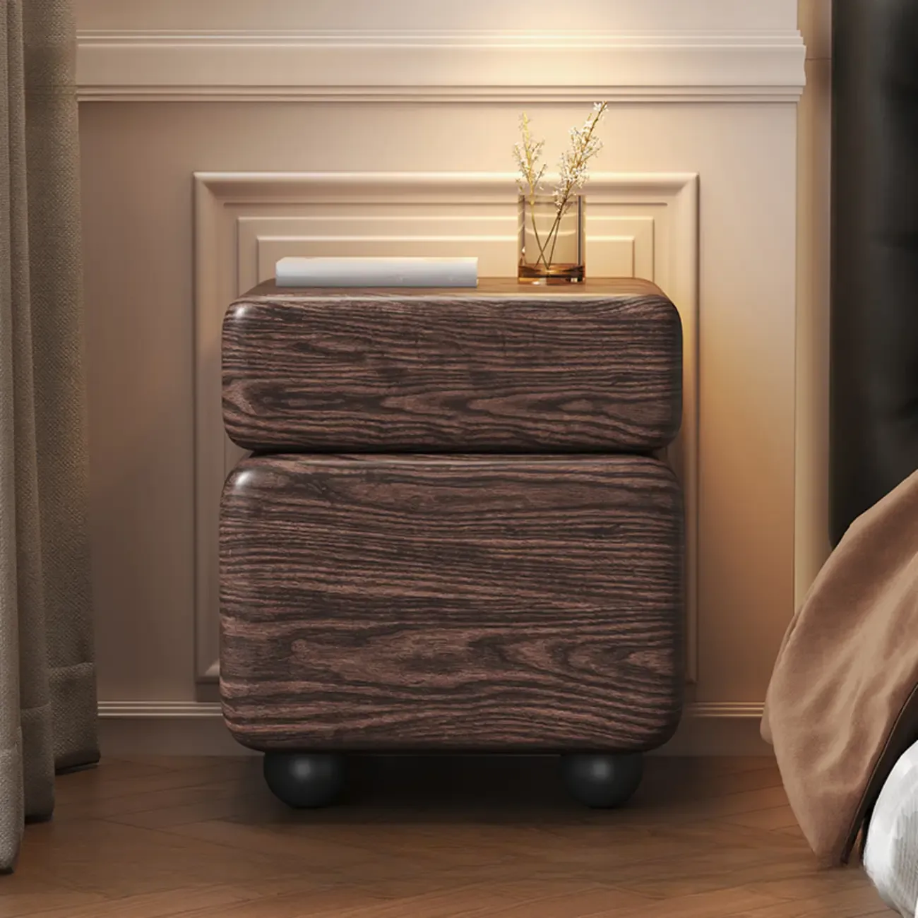 Black Walnut Finish Faux Leather 2-Drawer Nightstand Image - 2