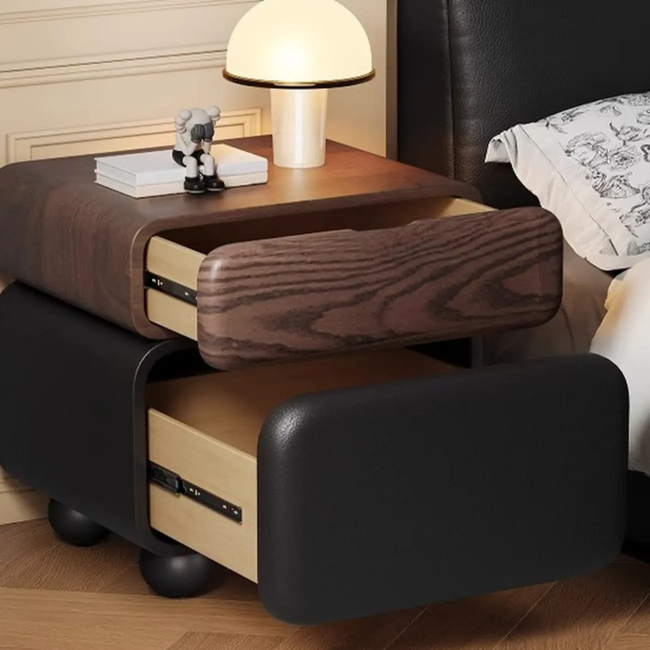 Black Walnut Finish Faux Leather 2-Drawer Nightstand Image - 4 | homeyfad