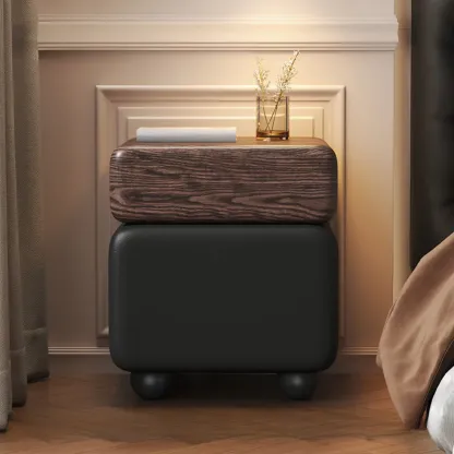 Black Walnut Finish Faux Leather 2-Drawer Nightstand Image - 5