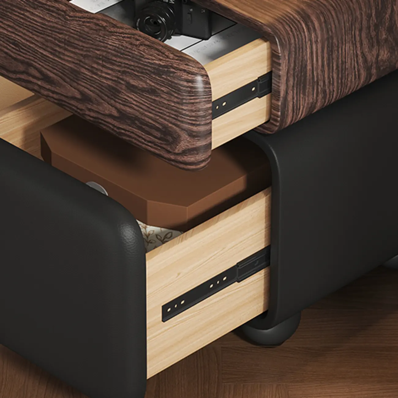 Black Walnut Finish Faux Leather 2-Drawer Nightstand Image - 6 | homeyfad