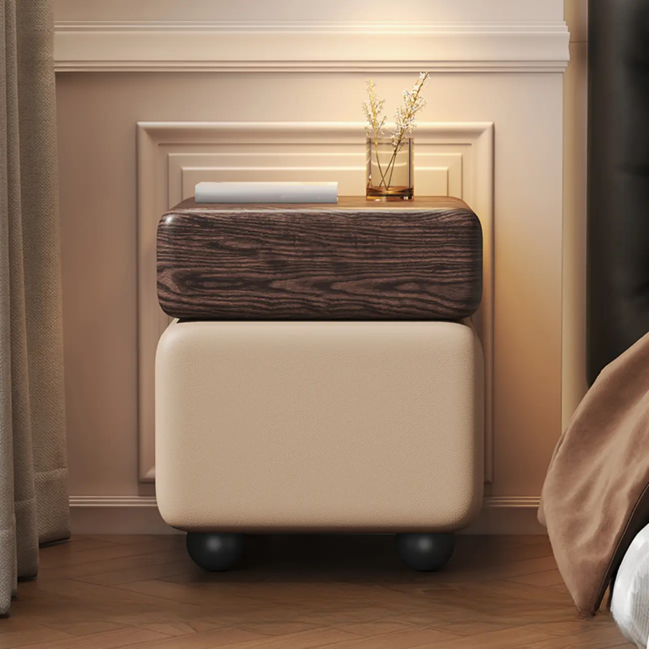 Black Walnut Finish Faux Leather 2-Drawer Nightstand Image - 7 | homeyfad