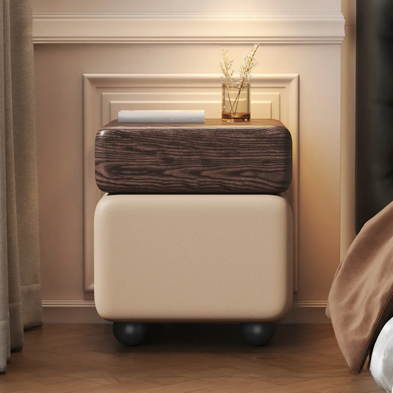 Black Walnut Finish Faux Leather 2-Drawer Nightstand Image - 7