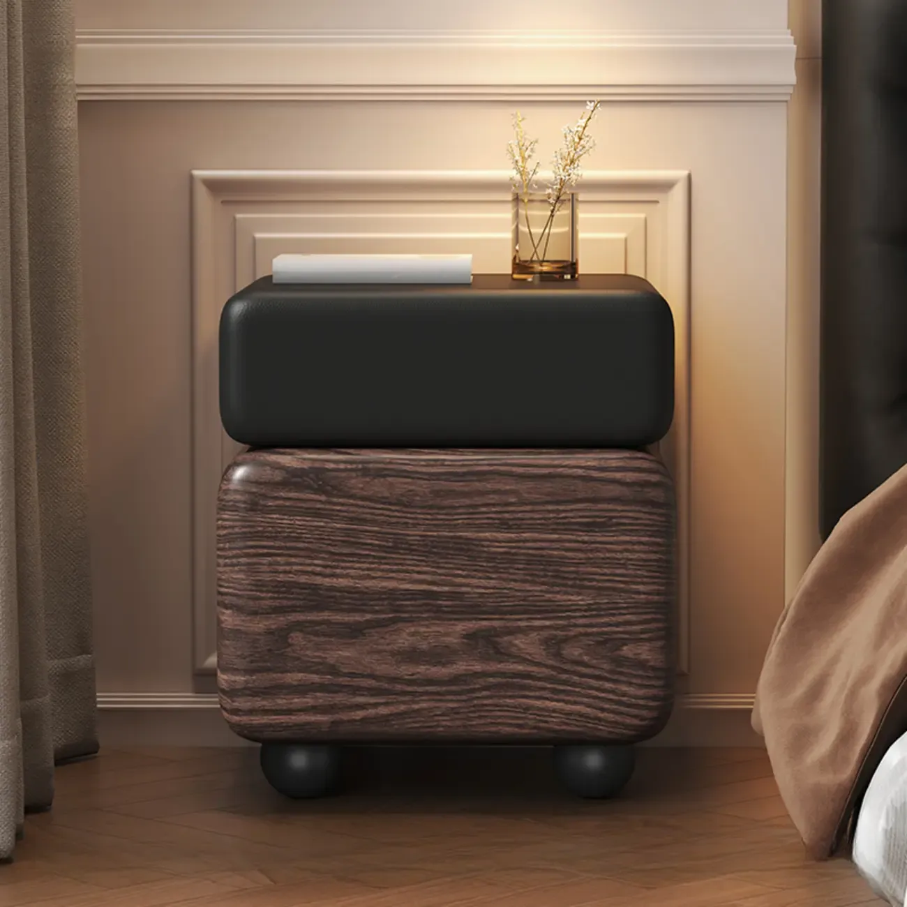 Black Walnut Finish Faux Leather 2-Drawer Nightstand Image - 9