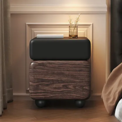 Black Walnut Finish Faux Leather 2-Drawer Nightstand Image - 9