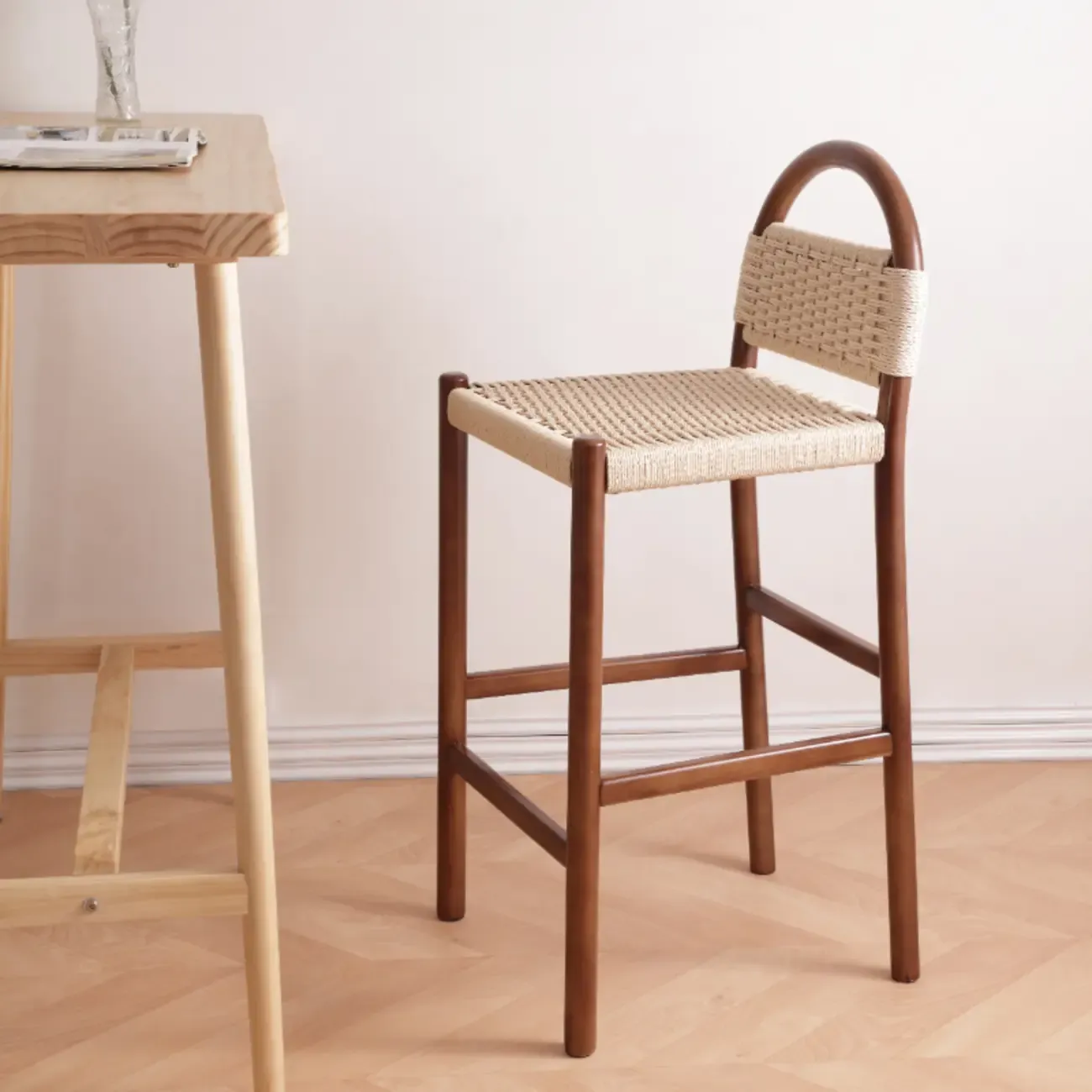 Counter Height Footrest Modern Woven Rope Bar Stools Image - 4