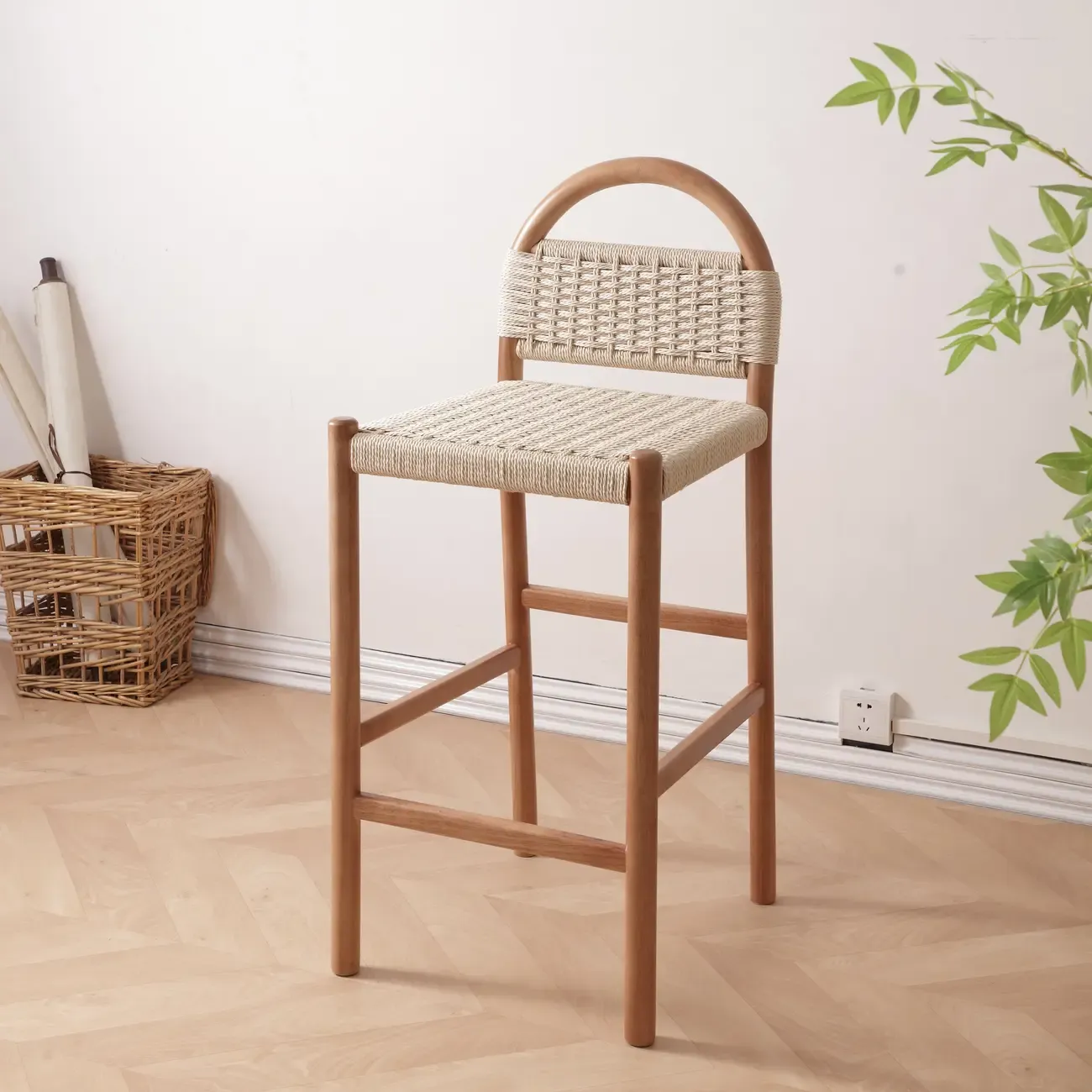 Counter Height Footrest Modern Woven Rope Bar Stools Image - 2