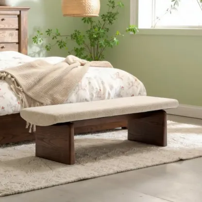 Modern Upholstered Beige Bedroom Bench Wooden Frame Image - 1