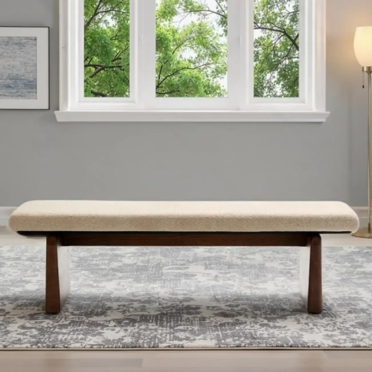 Modern Upholstered Beige Bedroom Bench Wooden Frame Image - 5