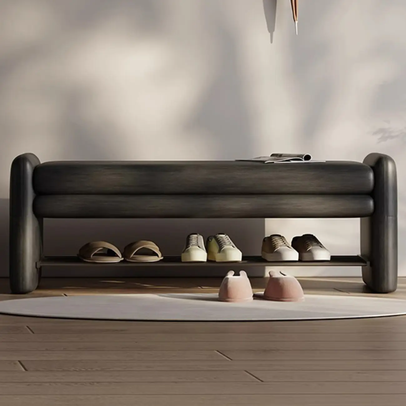 minimalist faux Leather Entryway Bench with Metal Shoe Rack Image - 1 | homeyfad