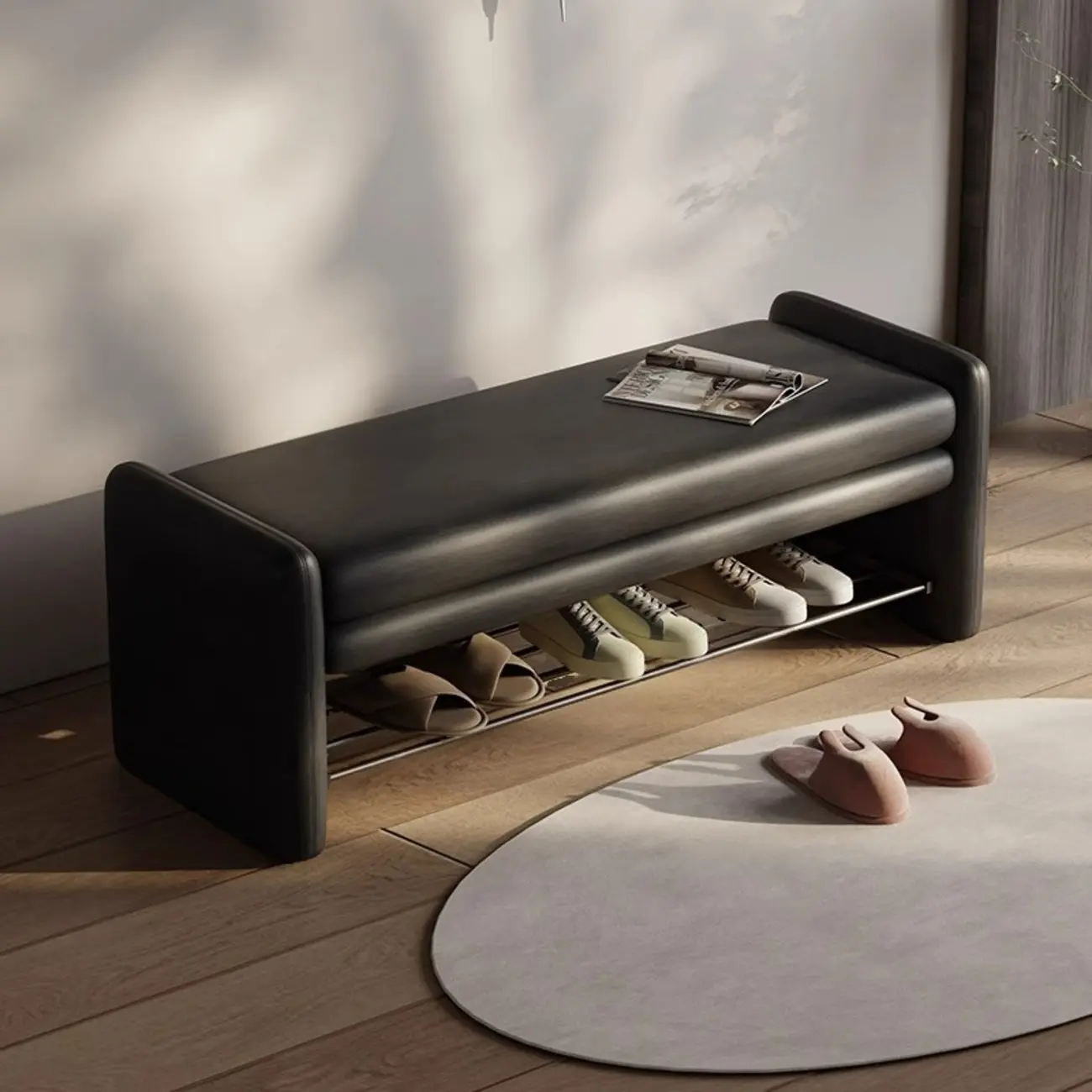 minimalist faux Leather Entryway Bench with Metal Shoe Rack Image - 2 | homeyfad