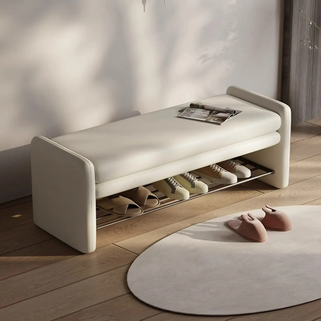 minimalist faux Leather Entryway Bench with Metal Shoe Rack Image - 3 | homeyfad