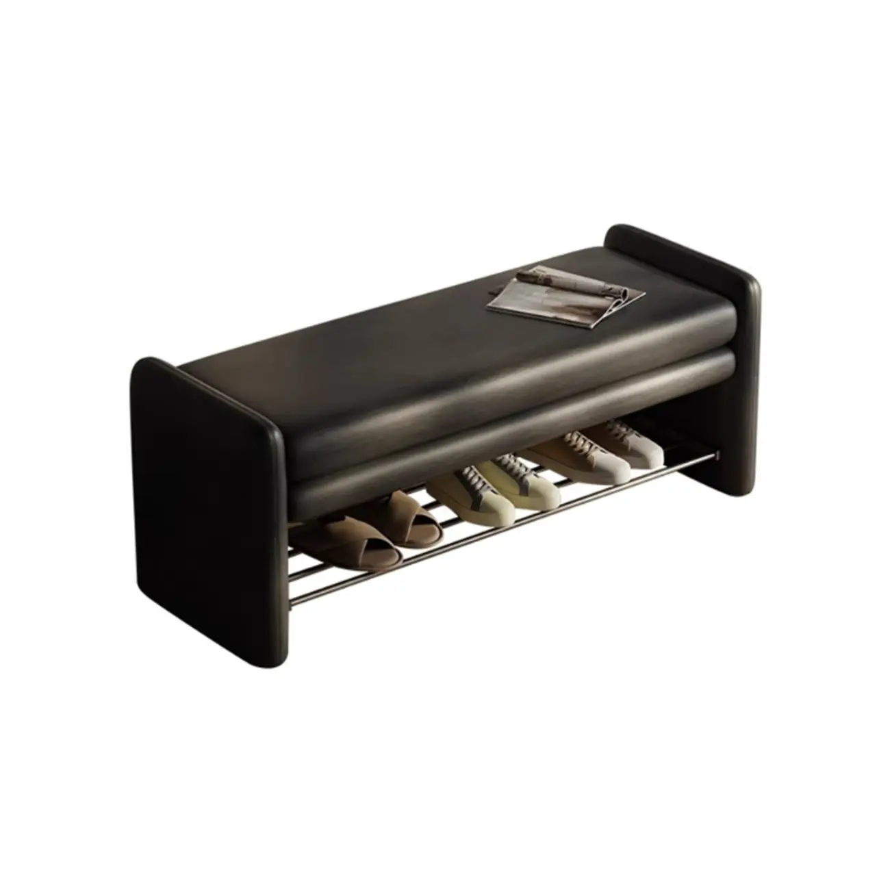 minimalist faux Leather Entryway Bench with Metal Shoe Rack Image - 4 | homeyfad