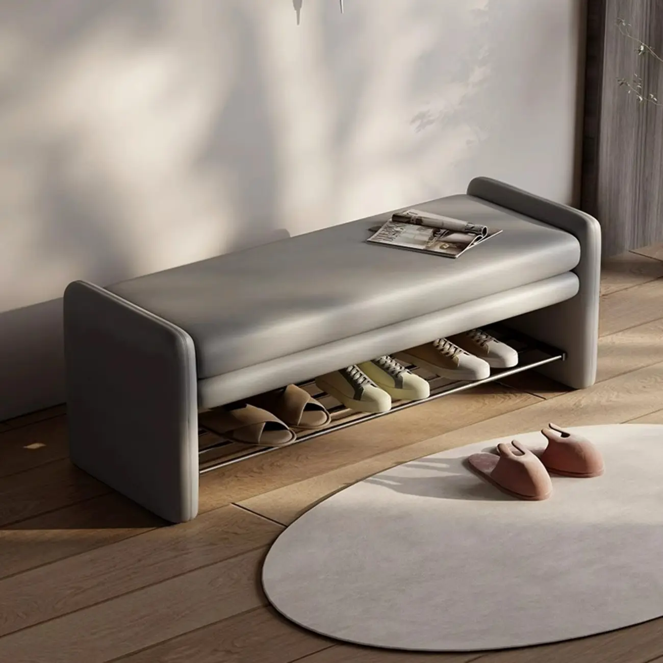 minimalist faux Leather Entryway Bench with Metal Shoe Rack Image - 5 | homeyfad