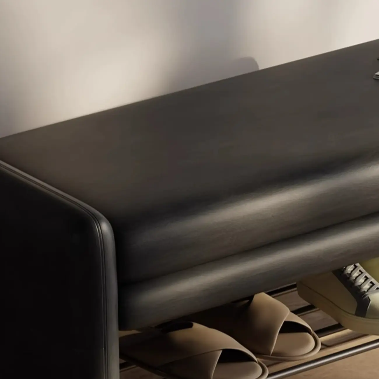 minimalist faux Leather Entryway Bench with Metal Shoe Rack Image - 6 | homeyfad