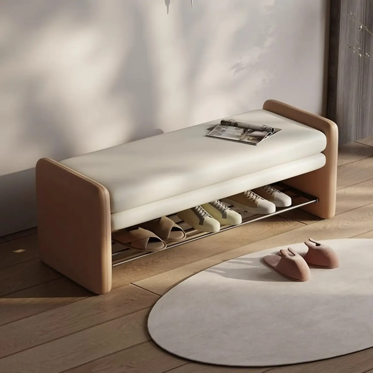 minimalist faux Leather Entryway Bench with Metal Shoe Rack Image - 7 | homeyfad