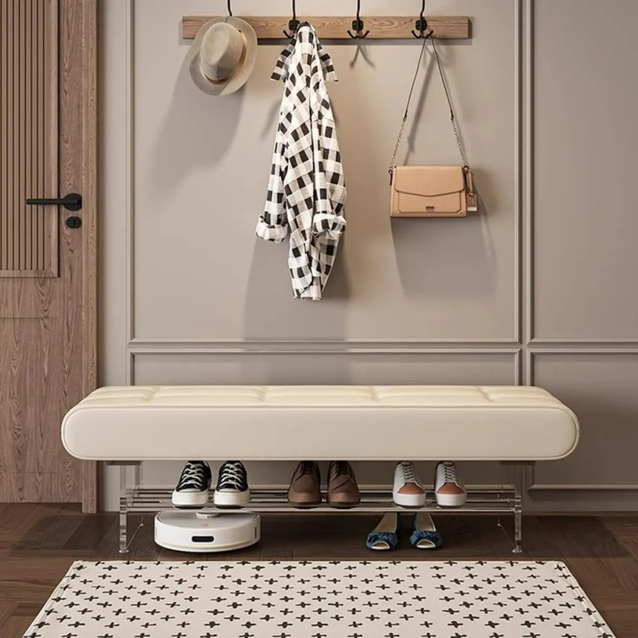 Entryway Tufted Faux Leather Bench With Acrylic Legs Image - 1 | homeyfad