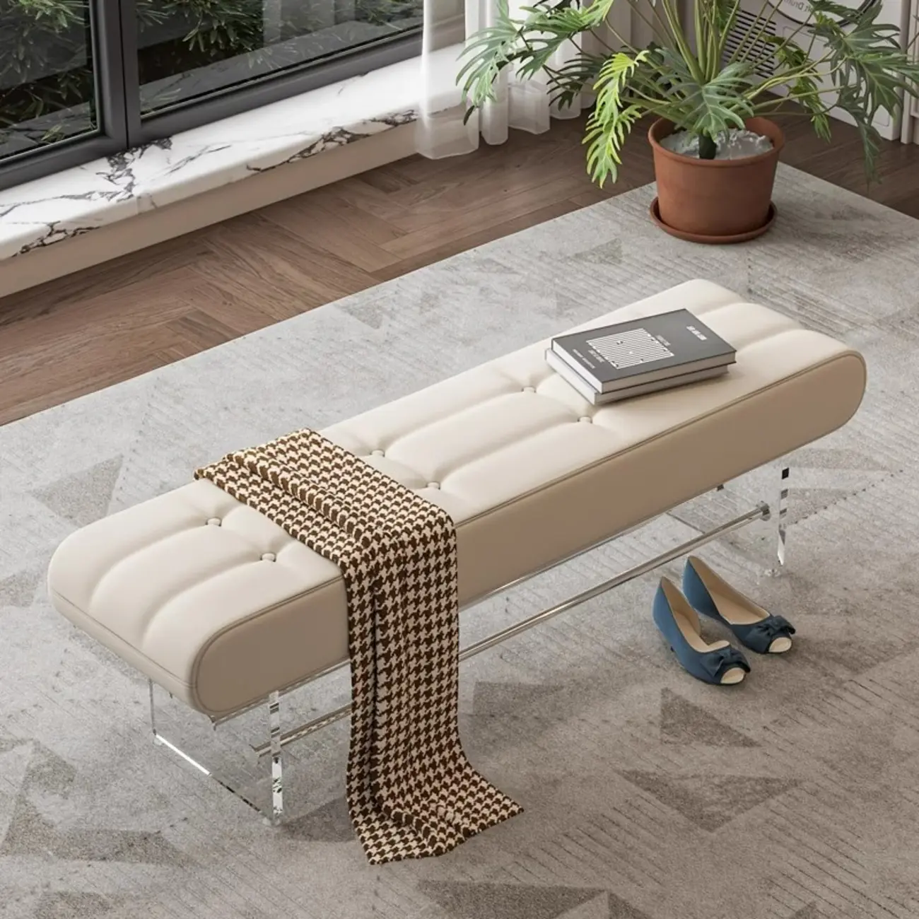 Entryway Tufted Faux Leather Bench With Acrylic Legs Image - 2 | homeyfad