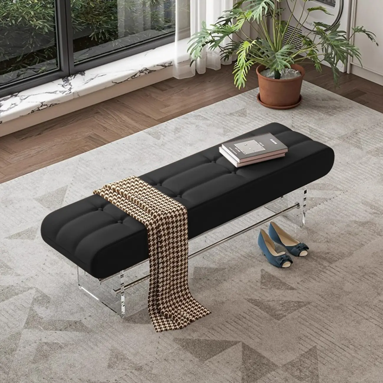 Entryway Tufted Faux Leather Bench With Acrylic Legs Image - 3 | homeyfad