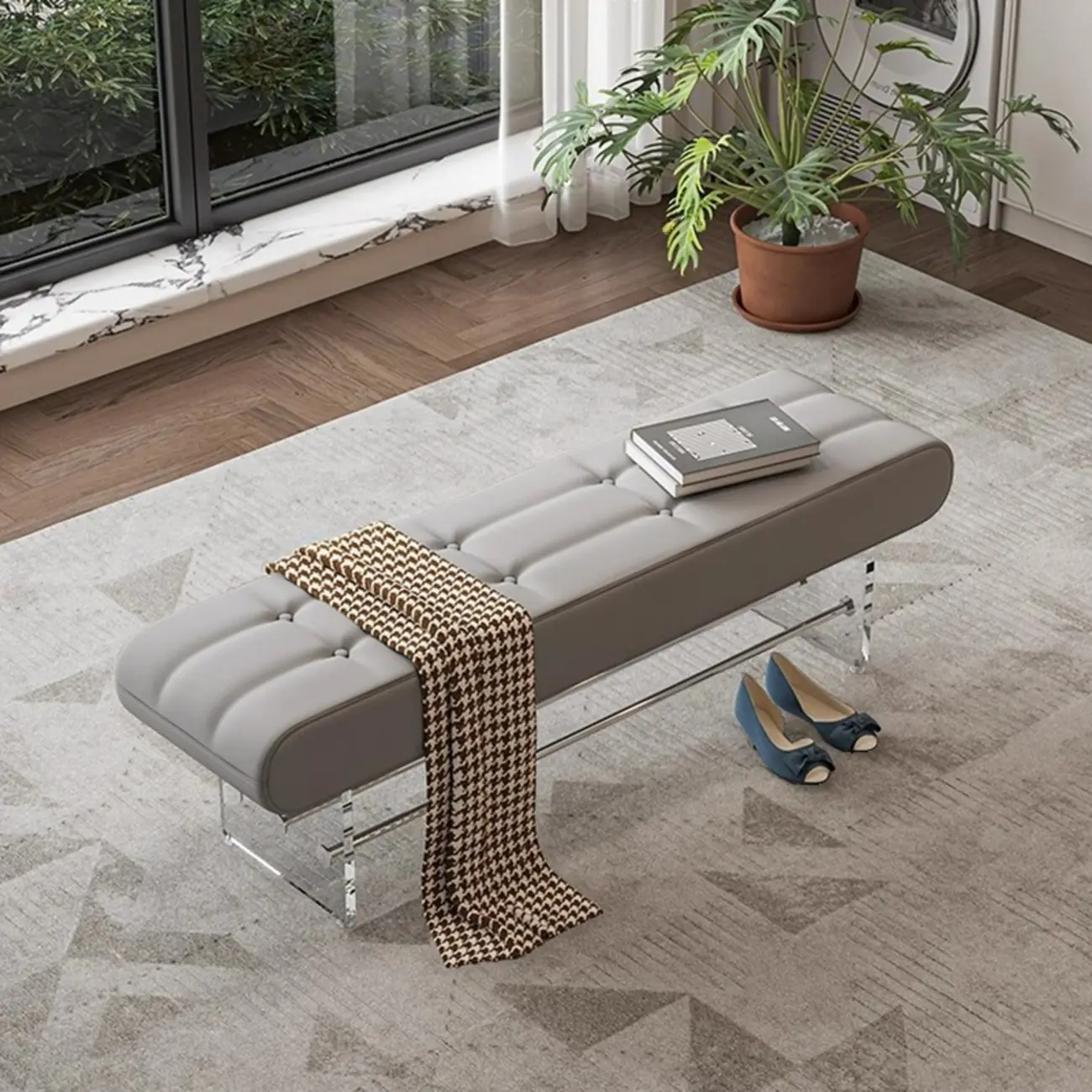 Entryway Tufted Faux Leather Bench With Acrylic Legs Image - 5 | homeyfad