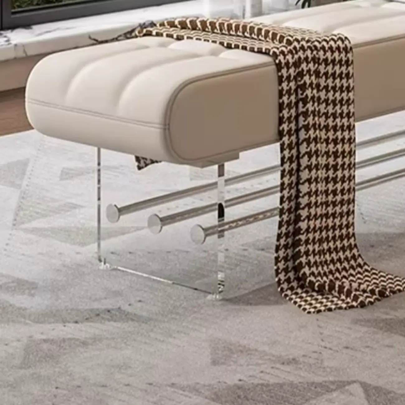 Entryway Tufted Faux Leather Bench With Acrylic Legs Image - 6 | homeyfad