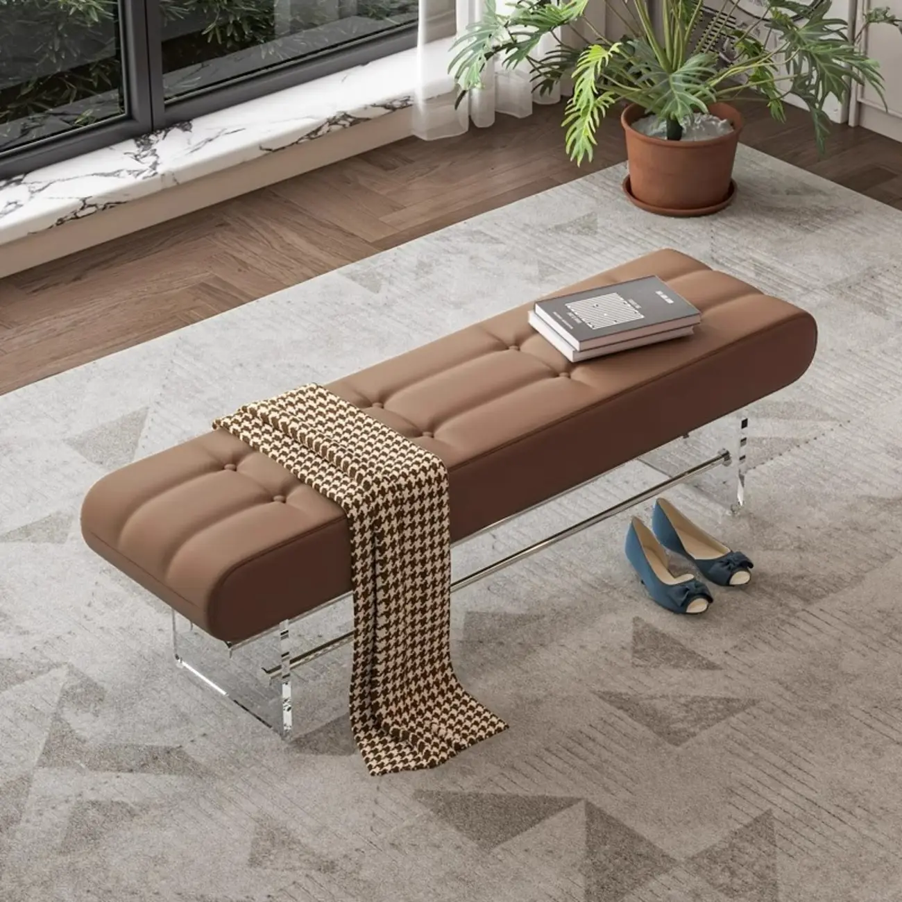 Entryway Tufted Faux Leather Bench With Acrylic Legs Image - 7 | homeyfad