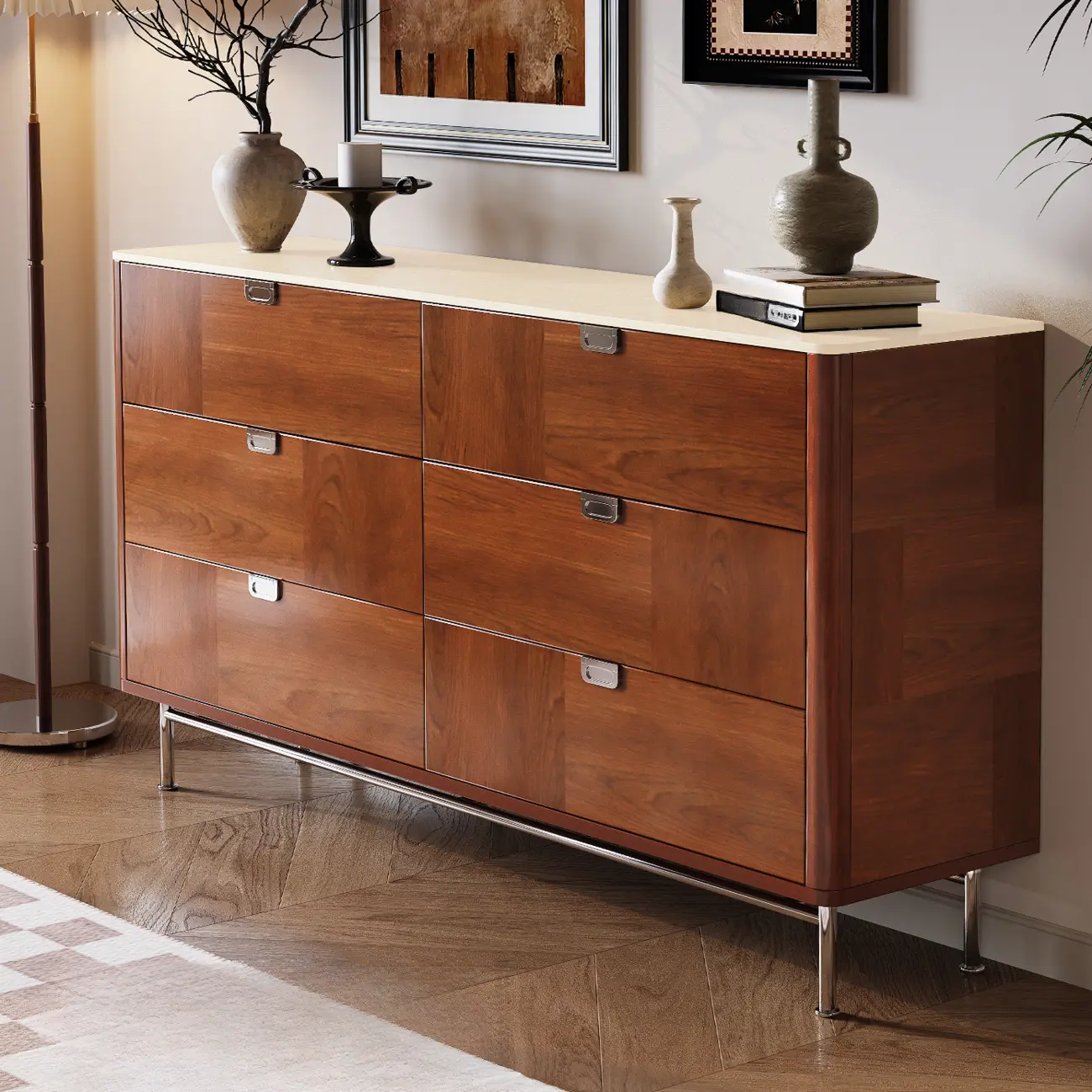 Horizontal 6-drawer Modern Brown Wood Double Dresser Image - 1 | homeyfad