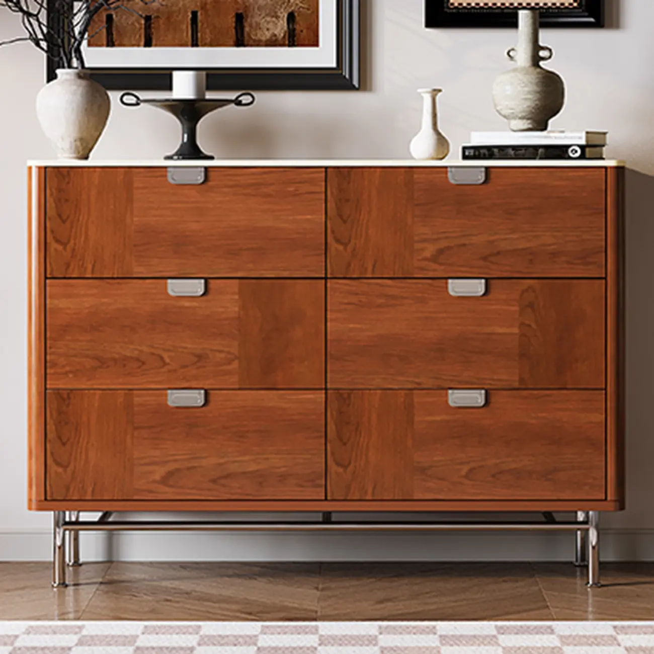 Horizontal 6-drawer Modern Brown Wood Double Dresser Image - 4 | homeyfad