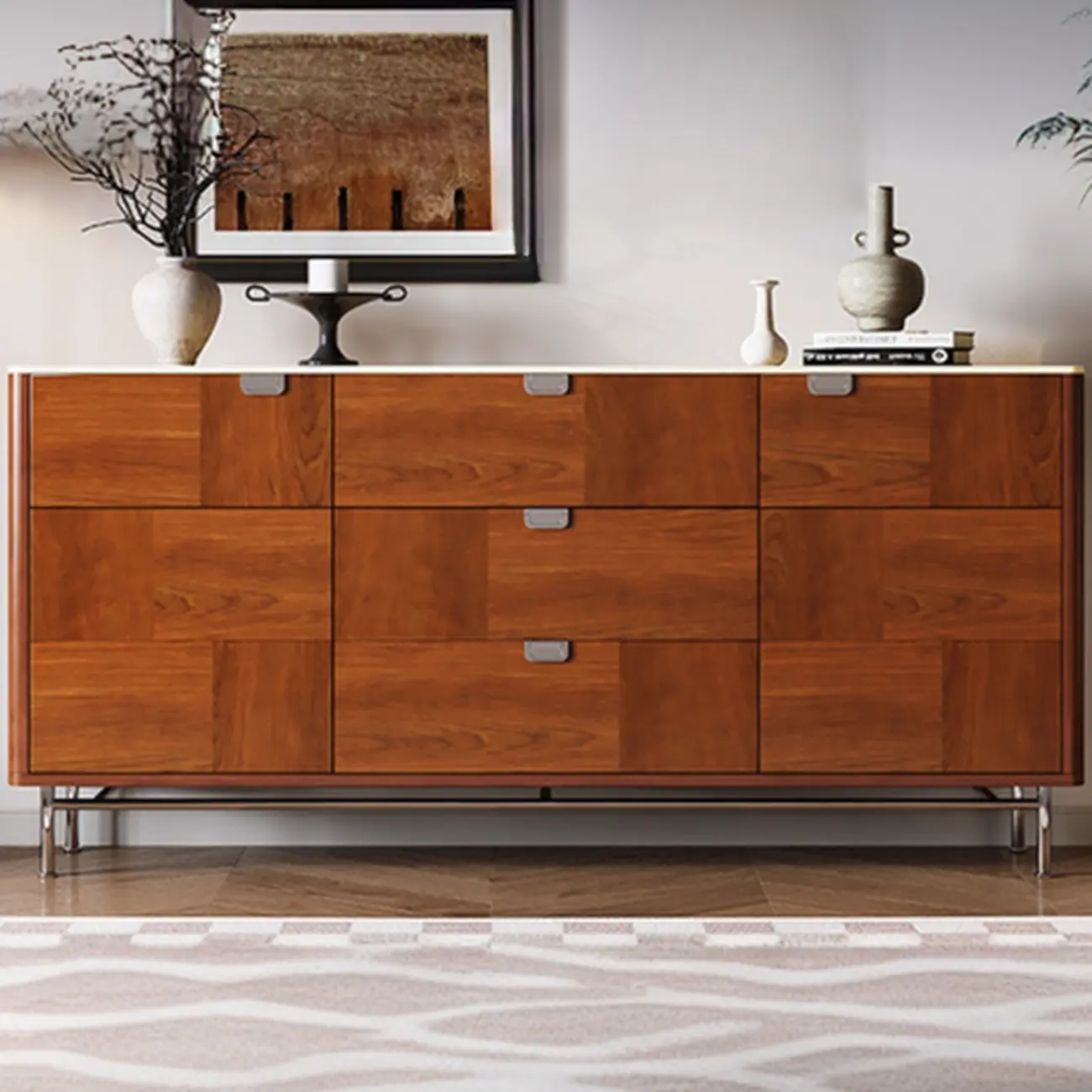 Horizontal 6-drawer Modern Brown Wood Double Dresser Image - 5 | homeyfad