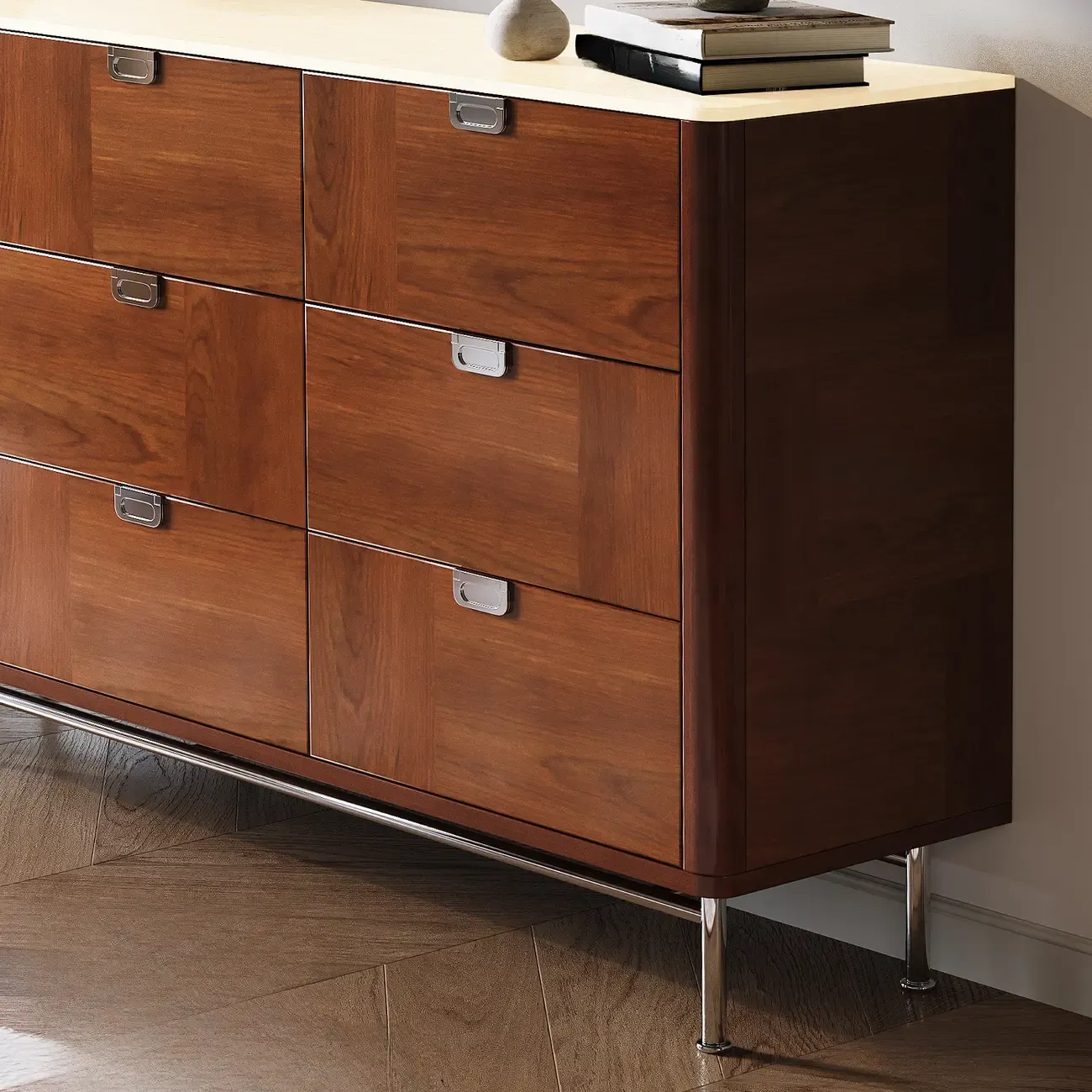 Horizontal 6-drawer Modern Brown Wood Double Dresser Image - 12