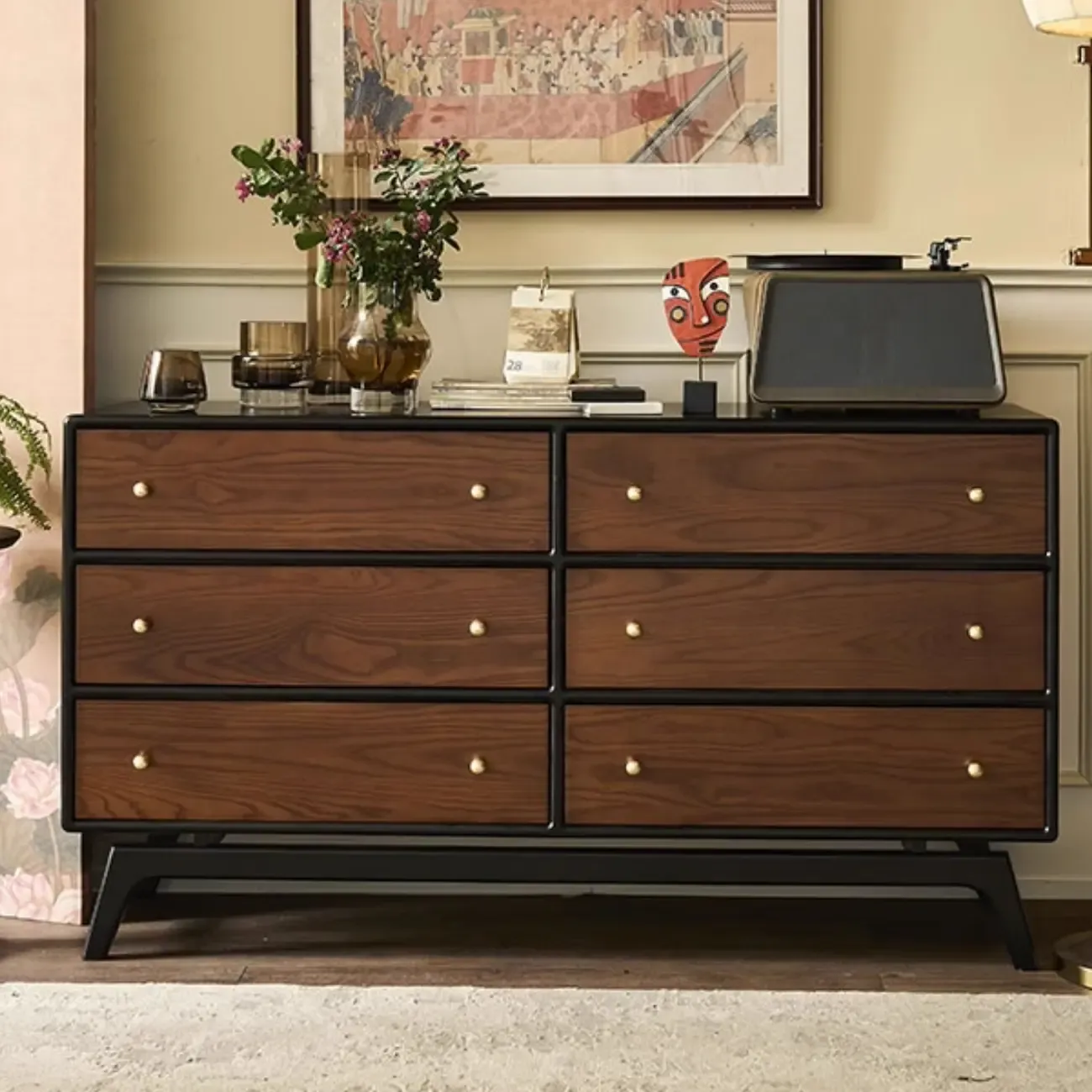 Horizontal Brown 6-drawer Modern Wood Double Dresser Image - 1