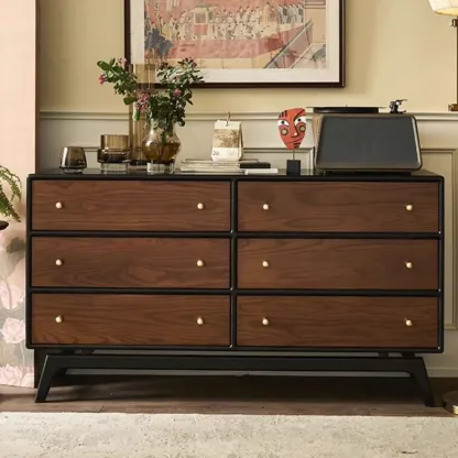 Horizontal Brown 6-drawer Modern Wood Double Dresser Image - 1