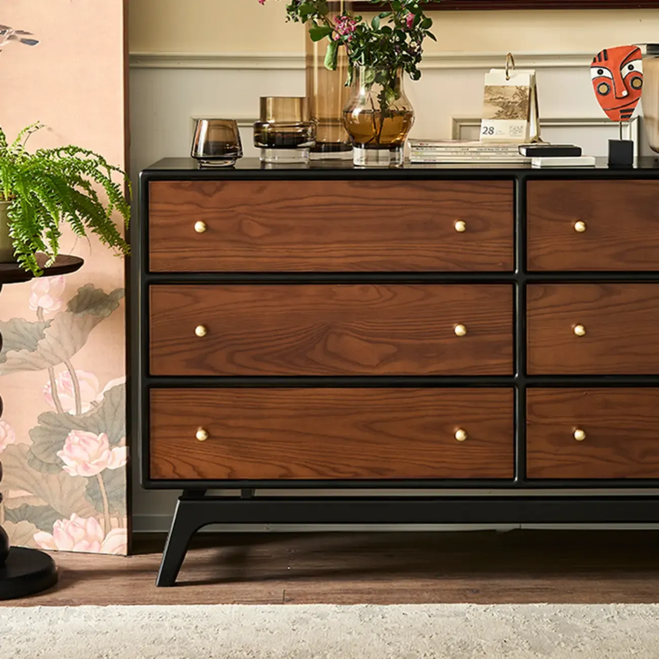 Horizontal Brown 6-drawer Modern Wood Double Dresser Image - 3