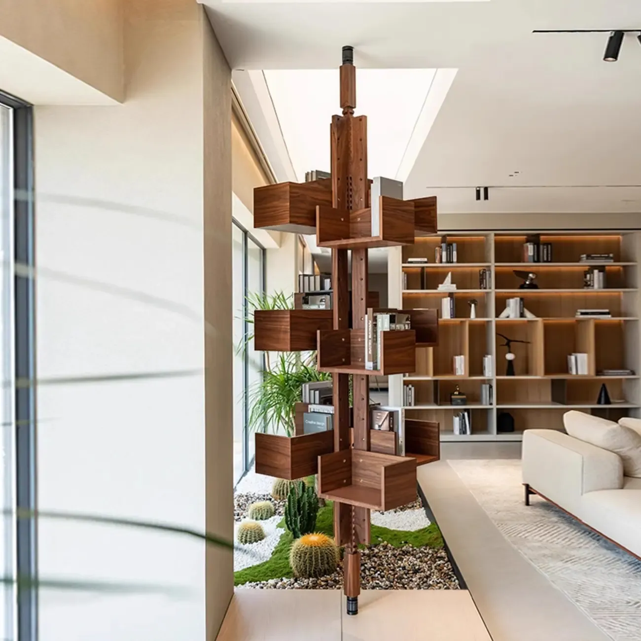 Swivel Vertical Nut Brown Wood Bookcase with Closed Back Image - 5