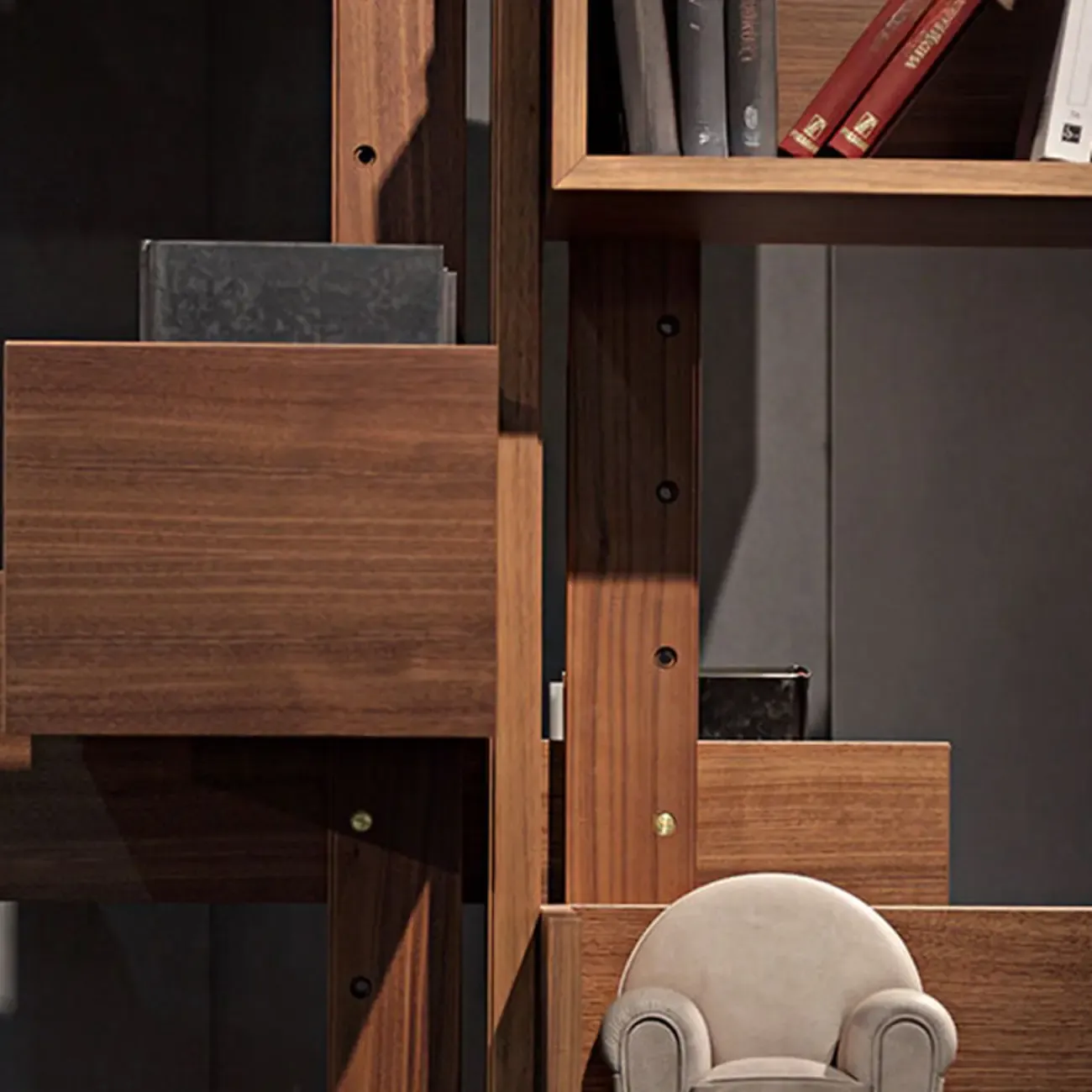 Swivel Vertical Nut Brown Wood Bookcase with Closed Back Image - 8