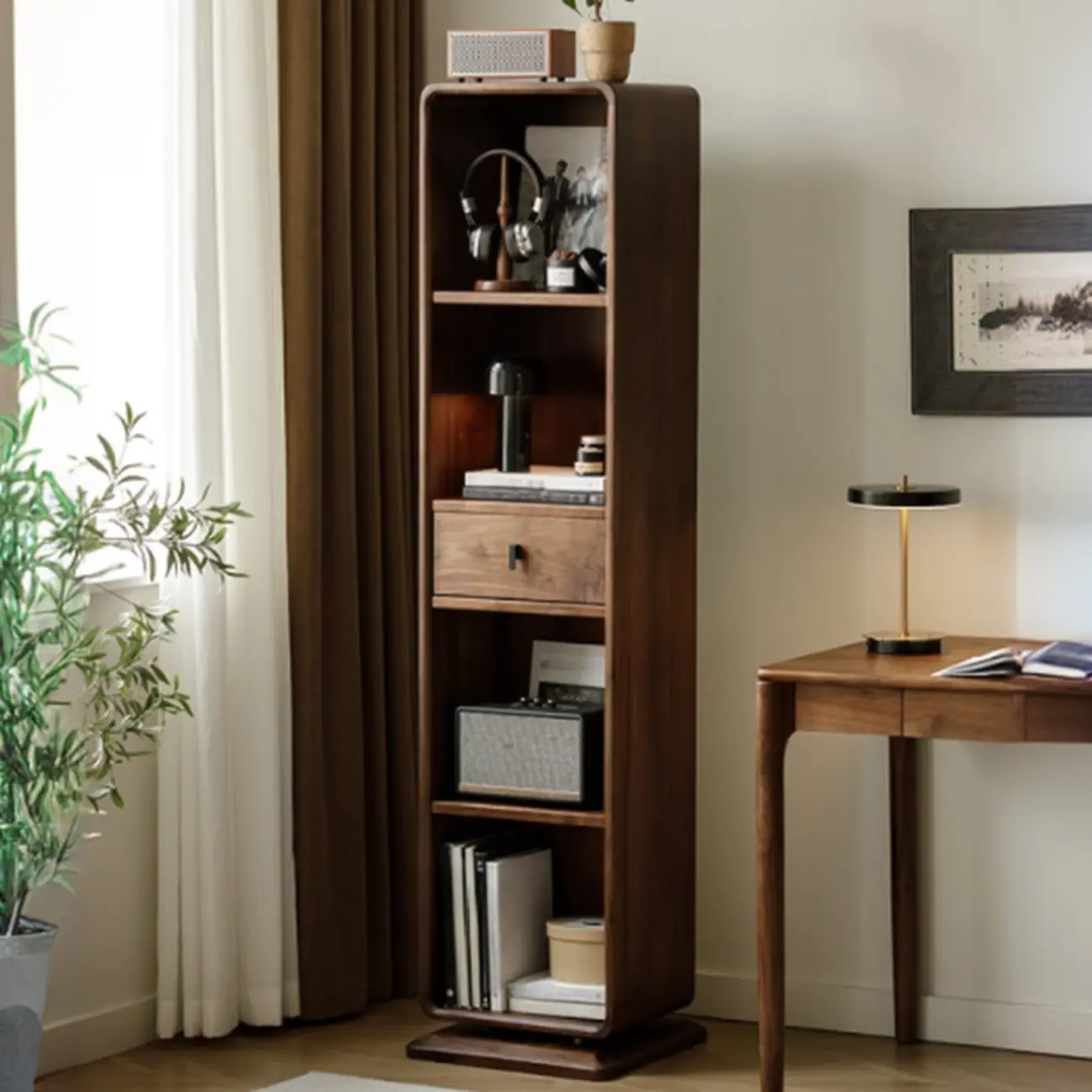67" Narrow Wood Rotating Vertical Bookcase With Mirror Image - 2 | homeyfad