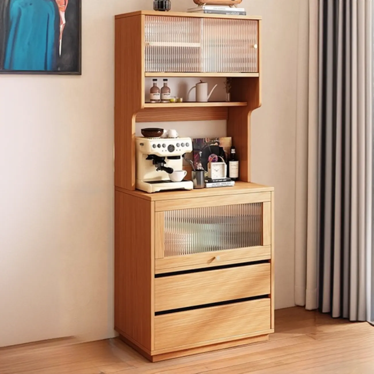 Modern Slab Wood Narrow Sideboard with Sliding Doors Image - 2 | homeyfad