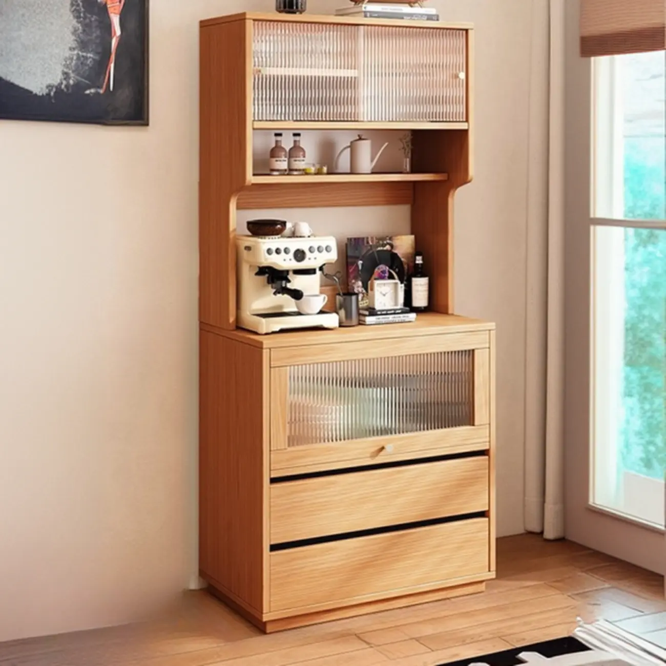 Modern Slab Wood Narrow Sideboard with Sliding Doors Image - 3 | homeyfad