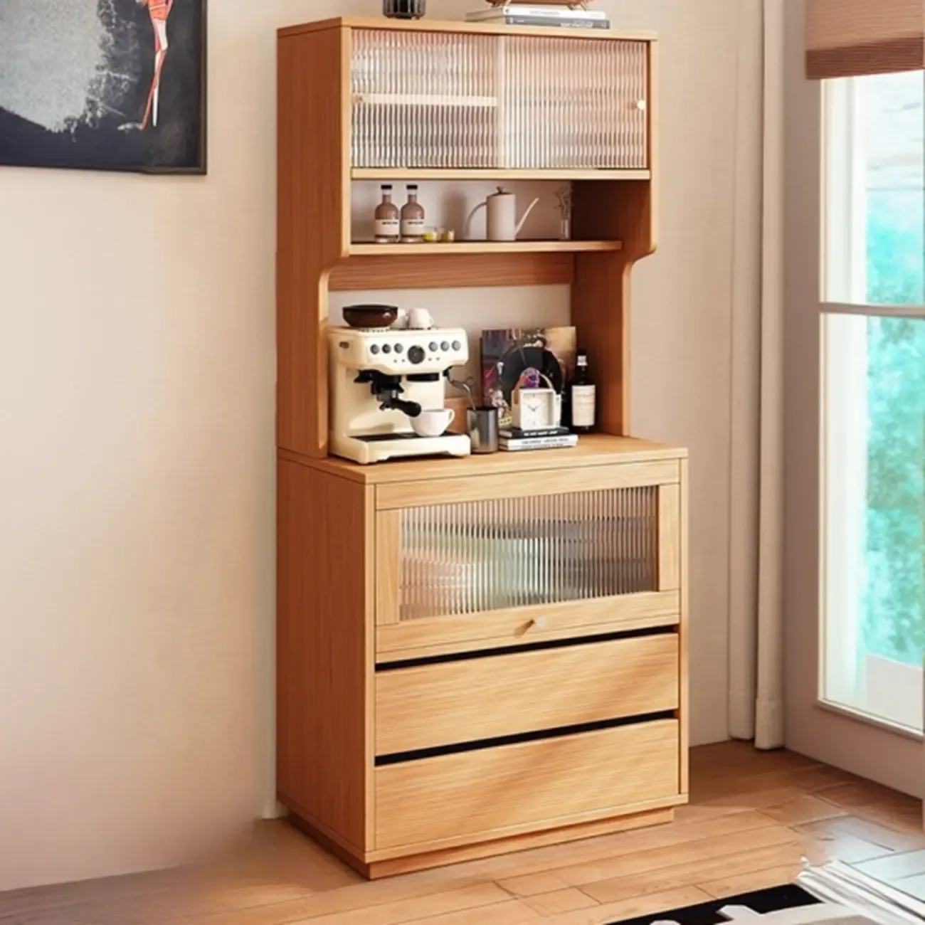 Modern Slab Wood Narrow Sideboard with Sliding Doors Image - 3