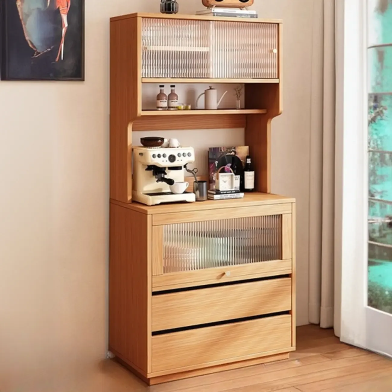 Modern Slab Wood Narrow Sideboard with Sliding Doors Image - 5