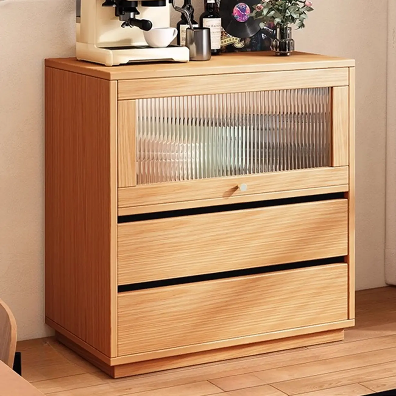 Modern Slab Wood Narrow Sideboard with Sliding Doors Image - 9 | homeyfad