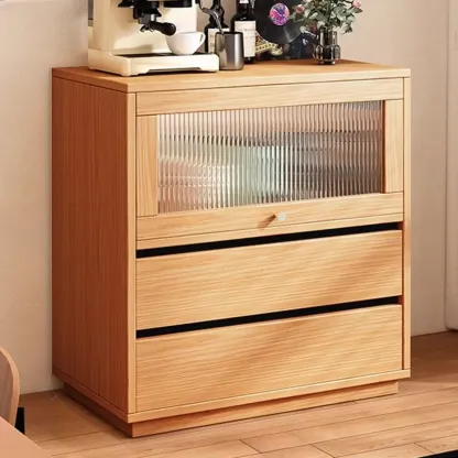 Modern Slab Wood Narrow Sideboard with Sliding Doors Image - 9